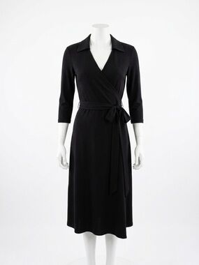 Classic Black Midi Wrap Dress with Tie Waist Office Capsule Little Black Dress